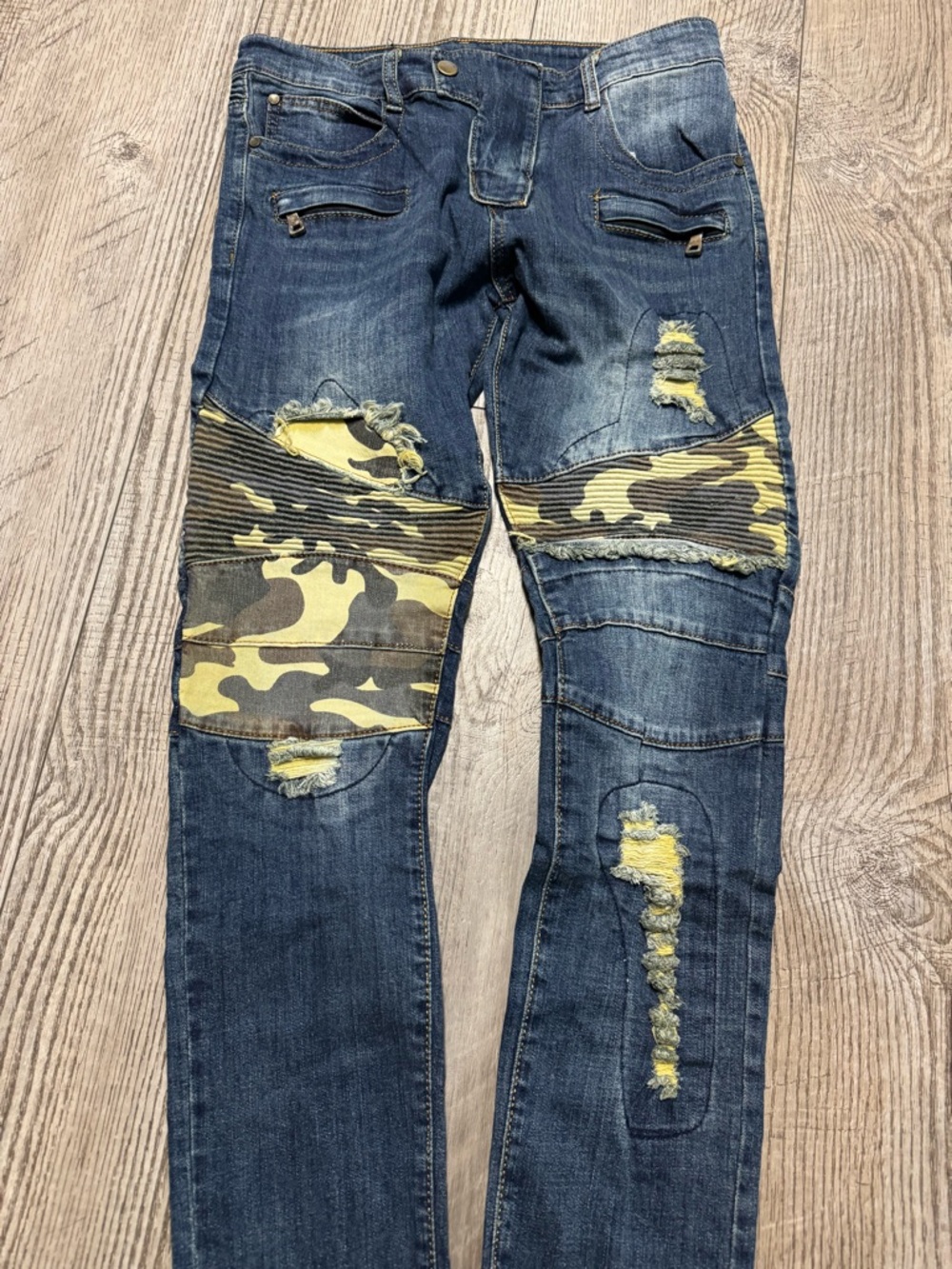 Bie Pa Paris handmade Denim jeans Biker  NWT camo fabric distressed 31 - Picture 6 of 6